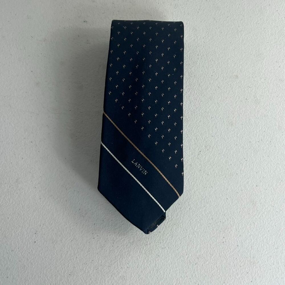 Lanvin Paris Necktie Men's Navy Blue Striped Pin Dot Logo